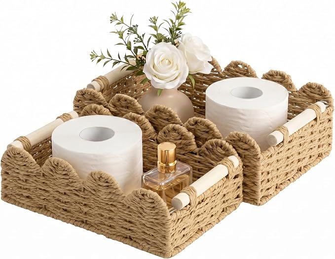 StorageWorks Toilet Paper Storage Basket 2 Pack, Toilet Basket with Wooden Handles, Small Wicker Decorative Scalloped Baskets for Organizing, Living Room, Shelves, Brown Rope Baskets