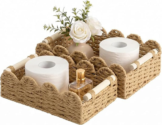 StorageWorks Toilet Paper Storage Basket 2 Pack, Toilet Basket with Wooden Handles, Small Wicker Decorative Scalloped Baskets for Organizing, Living Room, Shelves, Brown Rope Baskets