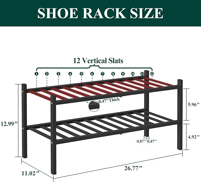 Smiry Bamboo Shoe Rack, 12 Vertical Slats, 2 Tier - 26.8" Wide, Black | Stackable Free Standing Wooden Shoe Organizer, Wood Shoe Storage Shelf for Closet, Entryway