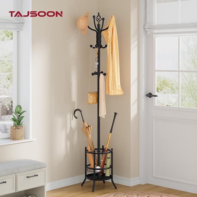 Tajsoon Coat Rack with Umbrella Holder, Coat Stand With 16 Hooks, Black | 2-In-1 Design, Coat Tree Freestanding, Durable & Stable, Space-Saving, For Living Room, Bedroom, Office