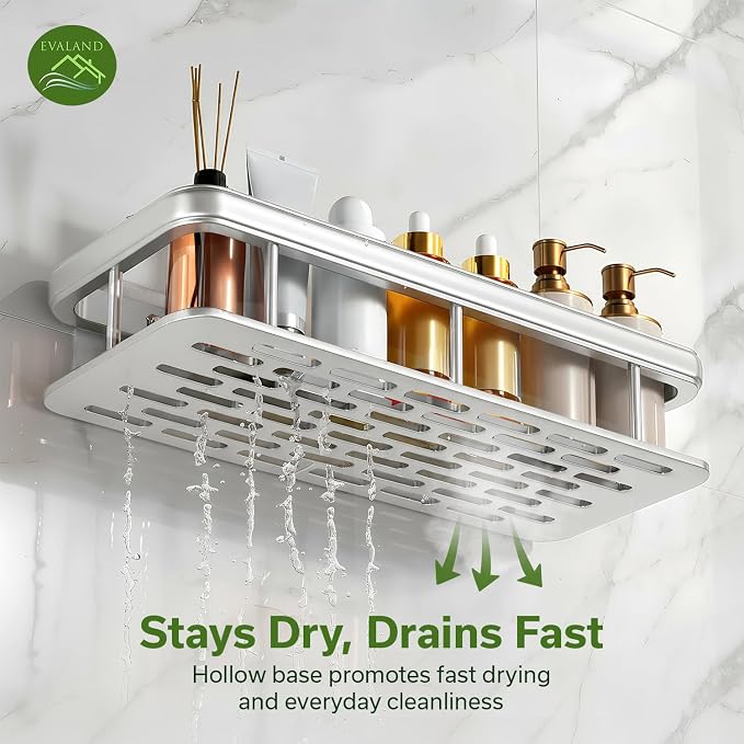 EVALAND Self Adhesive Shower Caddy Organizer 2-Pack No-Drill Storage | Hooks and Rod for Towels, Shower Shelves for Inside Shower, Bathtub Shelf, Rustproof, Rack, Easy Installation, Sturdy