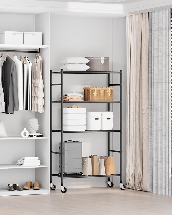 Sakugi 4-Tier Storage Shelves 33.1" x12.6" x58.9" Black with Wheels | Kitchen, Closet, Pantry, Garage, Heavy Duty, Adjustable Feet, Metal Construction