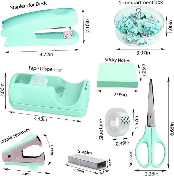 Green Office Desk Accessories Set with Stapler, Tape Dispenser and More | Green Office Supplies Set with Stapler, Tape Dispenser, Scissors, Clips and More for Organized Workspace