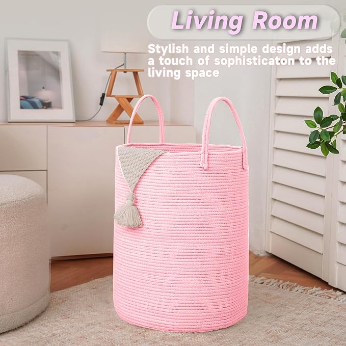 JMvicyroam 60L Cotton Rope Laundry Basket Hamper, Pink | Collapsible laundry basket, reinforced handles, freestanding, machine washable, holds 3-5 thick blankets, clothes or toys