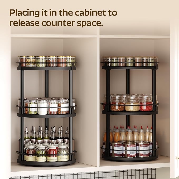 YATINEY 3-Tier Lazy Susan Organizer, Rotating Spice Rack, Spinning Organizer, Industrial Turntable Spice Rack Organizer for Cabinet, Kitchen Countertop, Pantry, Black SR23BK