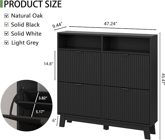 Xixini Shoe Cabinet with 4 Flip Drawers, 46" Tall Narrow Fluted Shoe Storage Organizer for Entryway, Hidden Slim Wooden Shoe Rack Cabinet for Front Door Entrance, Hallway, Living Room, Solid Black