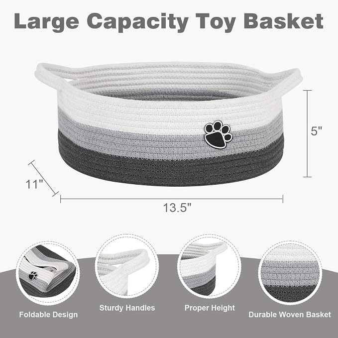 Optish Dog Toy Basket, Toy Box and Bin for Dog Cat Storage, 13.5" X 11" X 5" Small Woven Rope Basket for Baby Storage, Closet, Living Room, White & Grey