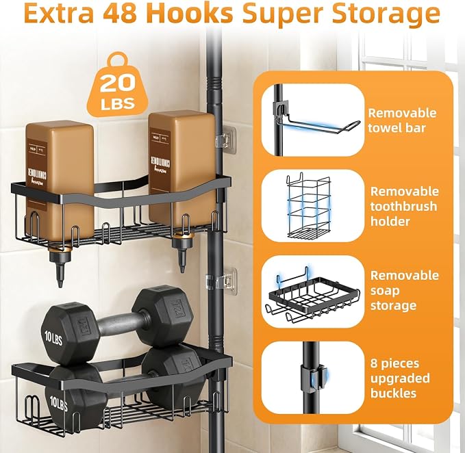 Shower Caddy Corner, 6 Tier Tension Pole Rod Bathroom Organizer Shelves, Adjustable Bathtub Shampoo Stand Rack with Towel Rack 2 Holders for Inside Shower Storage, 47-122 Inch, Black