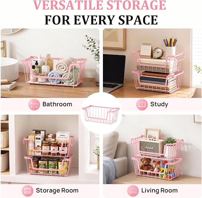 SUNALLY Stackable Storage Bins 4 Pcs Wire Baskets Freezer Organizer, Pink | Pantry Organizers Storage, Vegetable Fruit Storage Basket for Countertop, Kitchen Baskets for Onion Potato Snack Cans Storage