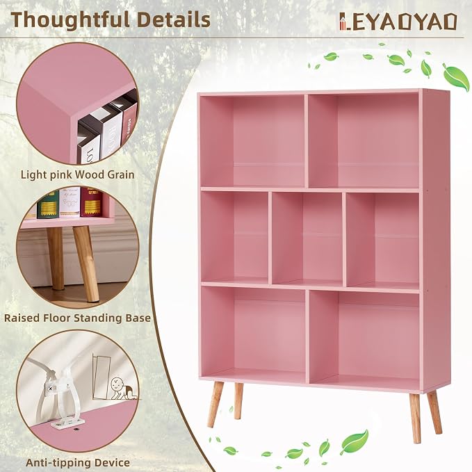 LEYAOYAO Cube Bookshelf, Mid-Century Modern Book Shelf with Legs,Light Pink | 3 Tier Bookcase, Rustic Wood Bookshelves Freestanding Small Storage Organizer, Open Shelves for Bedroom, Living Room, Office