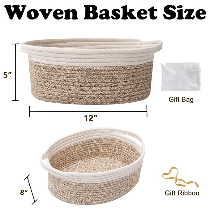Woven Rope Basket - Baby Gift Basket with Bag & Ribbon, Mixed Brown | Cotton rope with handle, 12 x 8 x 5 in, gift bag and ribbon, for baby shower, birthday, toy storage, nursery, shelf decor