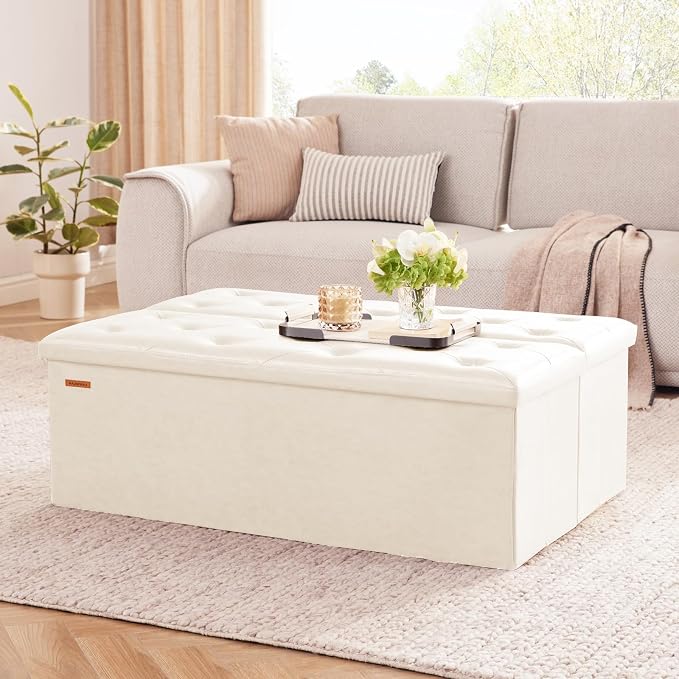HAUSFRAU Ottoman with Storage Bench Folding Foot Rest Stool Linen Ivory | 43.3", Flip Lid, Foldable Large Footrest Footstool, Bedroom Bench, Living Room Dorm Ottoman, Faux Leather, Upholstered