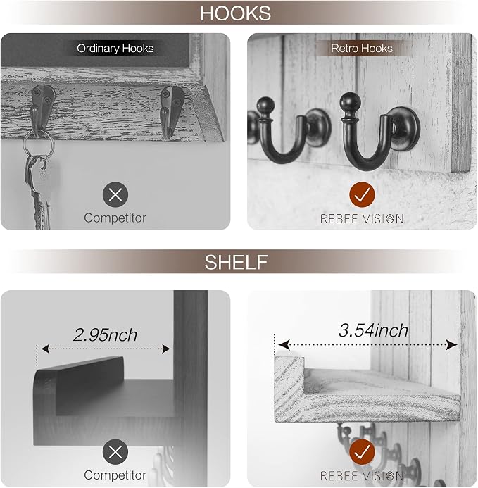 Rebee Vision Key Holder Wall Mount with Shelf, Hooks for Home Decor, Gray | 3.54"D x 10"W x 7.28"H, 5 Modern Hooks, Pine Wood Key Holder for Wall, Mail Organizer, Farmhouse Decor, Apartment Essential