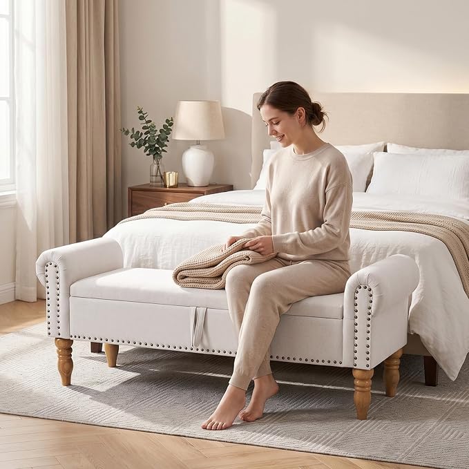 60" Storage Bench for Bedroom,End of Bed Bench with Storage | Linen King Size Bench with Rolled Arms,Storage Ottoman Benches for Living Room,Entryway,Benches for Foot of Bed,Beige