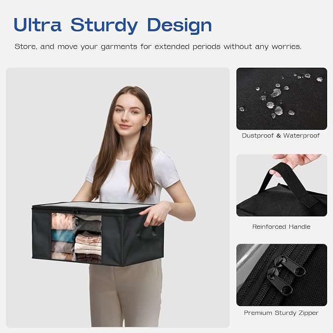 Clothes Storage Bags, Foldable Thick Fabric Blanket Storage Bags, Large Clear Window & Carry Handles, Great for Clothes, Blankets, Closets, Pillows (Black, 6PACK)
