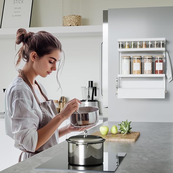 Magnetic Spice Rack Organizer Single Tier Refrigerator Spice Storage Shelf, Easy to Install The Side of The Refrigerator Can Hold spices, Jar of Olive Oil (White L)