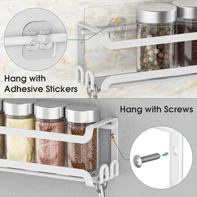 LUCYCAZ 4 Pack Wall Mounted Spice Rack for Kitchen Cabinet,RV,Camper,White | 16 Metal Hooks, Space-Saving,Screw or Adhesive Spice Shelf Hanging,for Pantry Door Spice Jars & Seasonings,11.41×2.75×2.36in
