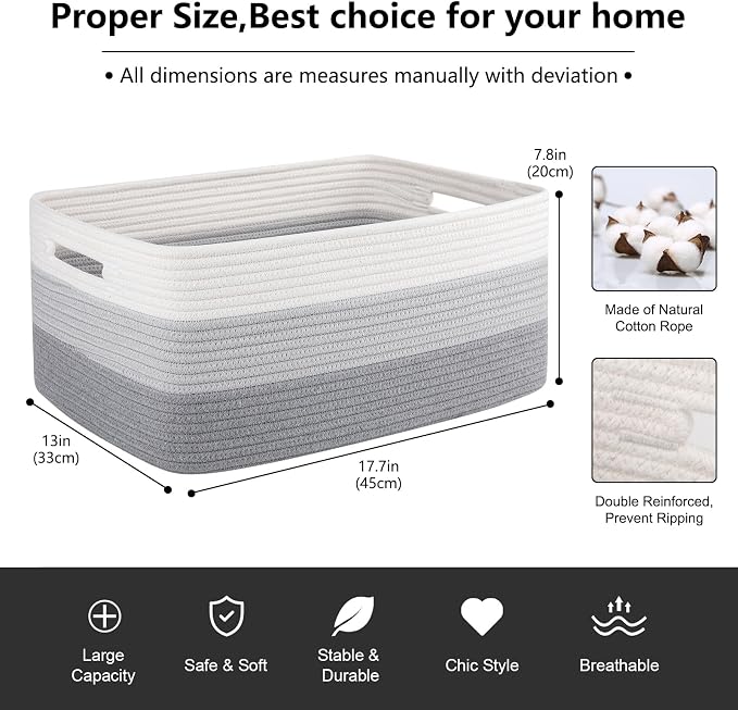 OIASKET Large Storage Basket for Organizing, Woven Rope Basket for Shelves, Closet Organizer Bins for Clothes, Blanket, Toys, Baby Nursery Storage, 17.7" x 13" x 7.87", 2 Packs Gradient Grey