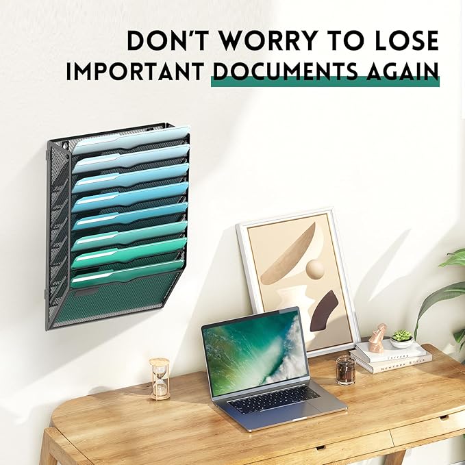 8-Tier Wall File Organizer, Hanging File Holder, Wall Mounted Mail Sorter | Metal Mesh Hanging File Organizer with Open Compartments and Label Panels for Papers and Folders at Home, Office or School