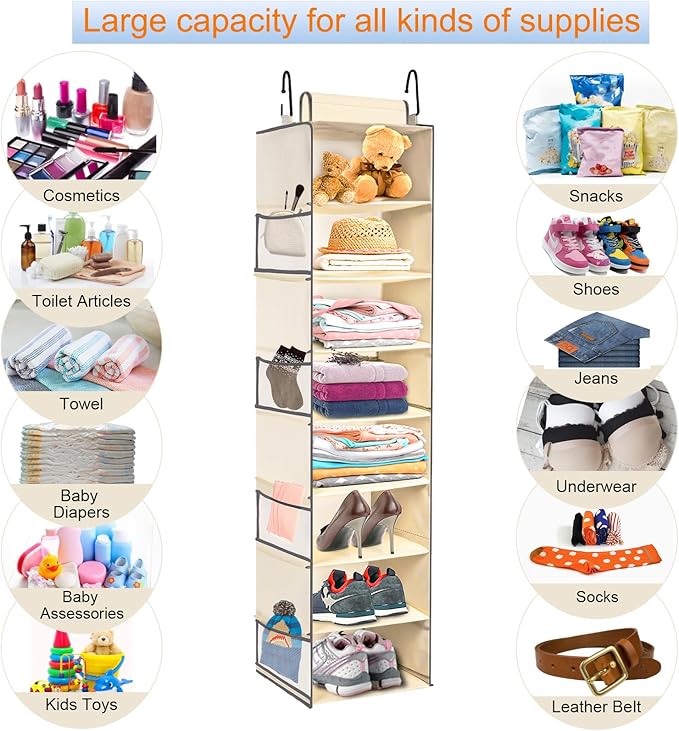 Large-Sized Hanging Shoe Organizer 8-Shelf, Hanging Closet Organizer with 8 Side Pockets, Wider Hanging Shelves for Storage Shoes Clothes 9" W × 11.8" D× 48" H, Beige.