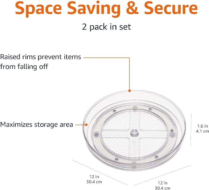 Amazon Basics Clear Lazy Susan Turntable Organizer for Organization, 12-Inch, 2-Pack