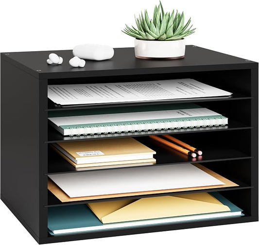 Ballucci 5 Tier Paper Organizer Letter Tray, Wood Desk File Organizer with Adjustable Shelves, Home Office School Letter/A4 Mail Sorter Magazine Holder - Black