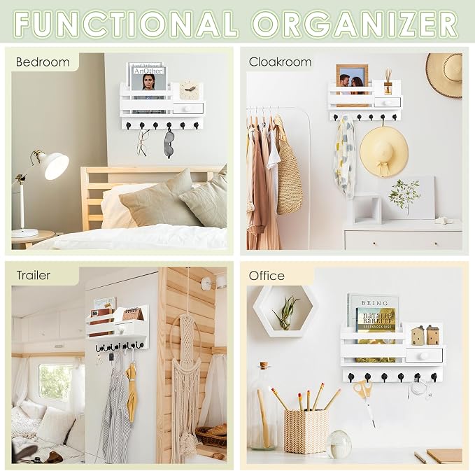 VIS'V Key Holder Wall Mount, Wooden Mail and Key Organizer, White | Contains Little Drawer, Small Shelf, 2 Slots, 6 Hooks, for Entryway, Hallway, Doorway, Kitchen, Garage, RV