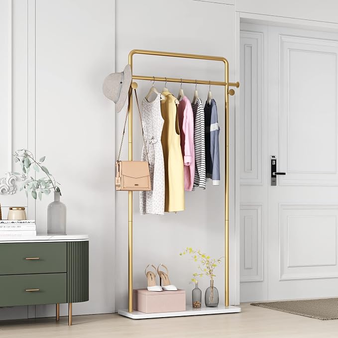TIEOU Gold Coat Racks with Shelf, Heavy Duty Gold Clothing Racks for Boutiques, Free-Standing Metal Garment Rack for Hanging Clothes, Modern Clothes Rack Entryway