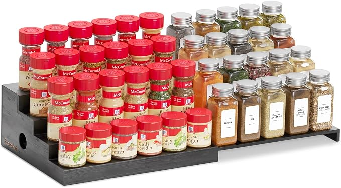 SpaceAid Bamboo Spice Rack Organizer for Cabinet, Kitchen Pantry Spices Storage Rack for Cabinets Organization, Home Seasoning Tiered Can Goods Racks Wood Shelf Organizers (4 Tier, Black)