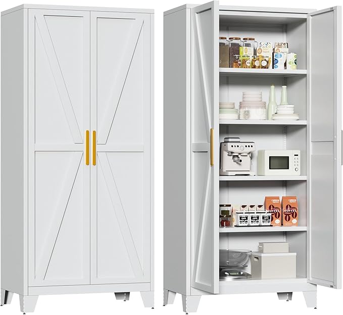 Bevivog 71" Kitchen Pantry Cabinet, Metal Storage Cabinet with 2 Doors and 4 Adjustable Shelves, Farmhouse Tall Food Cabinet Pantry Shelves Storage for Kitchen, Home Office, Living Room, Laundry