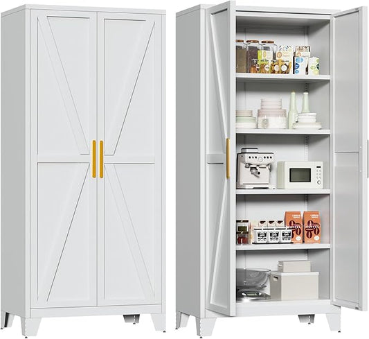 Bevivog 71" Kitchen Pantry Cabinet, Metal Storage Cabinet with 2 Doors and 4 Adjustable Shelves, Farmhouse Tall Food Cabinet Pantry Shelves Storage for Kitchen, Home Office, Living Room, Laundry