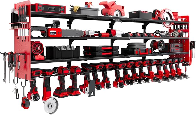 Large Power Tool Organizer Wall Mount, 16 Drill Holders Storage Rack, Red | 4-Tier Heavy-duty Wall Rack Holds 16 Cordless Drills, Saving Valuable Garage and Workshop Space