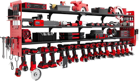 Large Power Tool Organizer Wall Mount, 16 Drill Holders Storage Rack, Red | 4-Tier Heavy-duty Wall Rack Holds 16 Cordless Drills, Saving Valuable Garage and Workshop Space