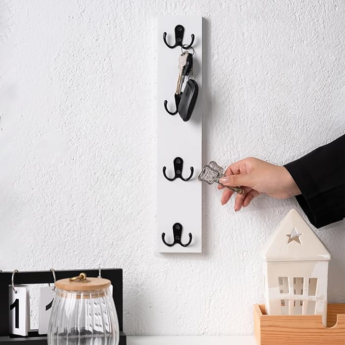 Yohsnor Vertical Design Wall-Mounted Key Holder,Entryway Durable Hook Rack | White Key Hanger Wall Mount for Narrow Spaces – Ideal Storage Solution for Scarves, Wallets, Belts – Rustic Wooden Key Rack