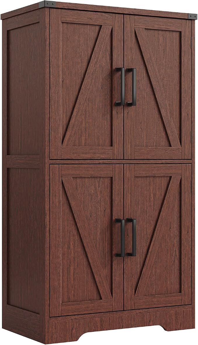 Treocho Farmhouse Bathroom Floor Cabinet with Adjustable Shelves | 13.78"D x 23.62"W x 43.46"H, Freestanding Kitchen Pantry Cabinet, Cupboard for Living Room, Dining Room, Walnut