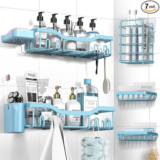NESOMI Shower Caddy Adhesive Shower Organizer 7-Pack, Rustproof Stainless Steel Bathroom Shelves, Large Capacity No-Drill Rack Storage Accessories with Soap Dish Toothbrush Holder Hooks