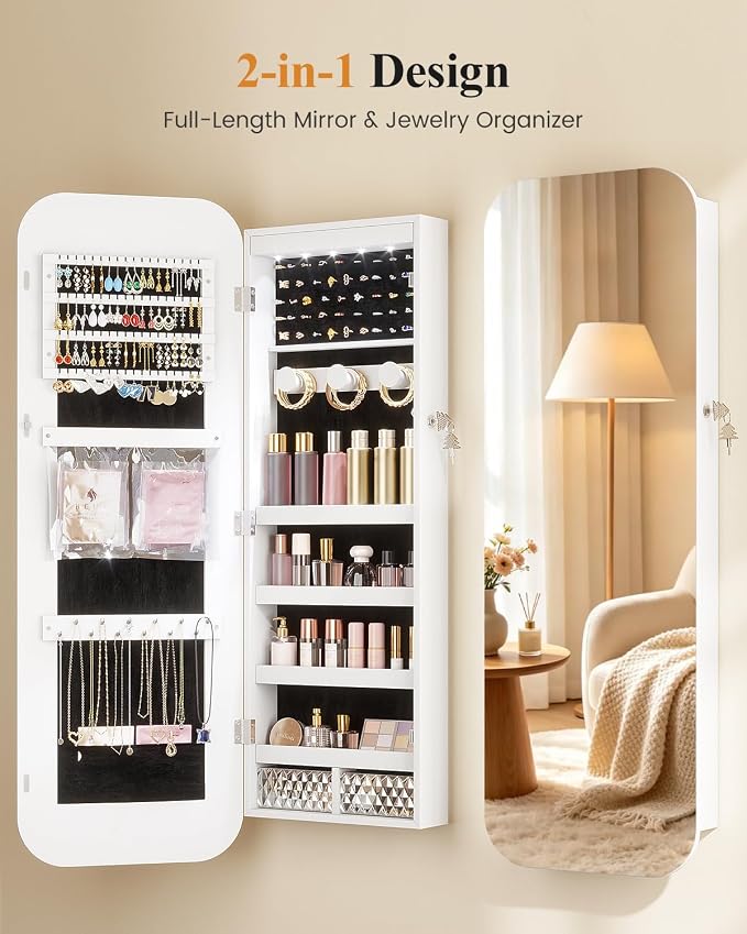 6 LEDs Mirror Jewelry Cabinet Door Hanging, 42.5", Lockable, White | Jewelry Organizer with Full Length Mirror, Wall Mounted Large Jewelry Storage for Earrings, Rings, Necklaces