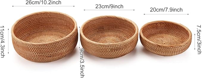 Round Rattan Fruit Baskets Woven Storage Bowls Key Holder Stackable for Shelf Kitchen Tabletop Natural Set of 3