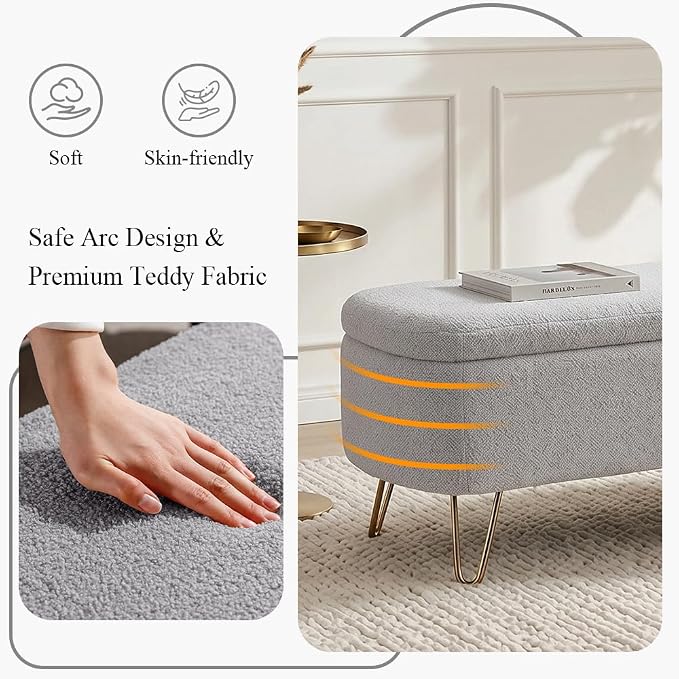 Modern Storage Ottoman Bench, Teddy Upholstered Entryway Bench with Gold Legs, Vintage End of Bed Bench with Safety Hinge, Padded Bench with Storage for Living Room, Bedroom, Entryway(Grey)