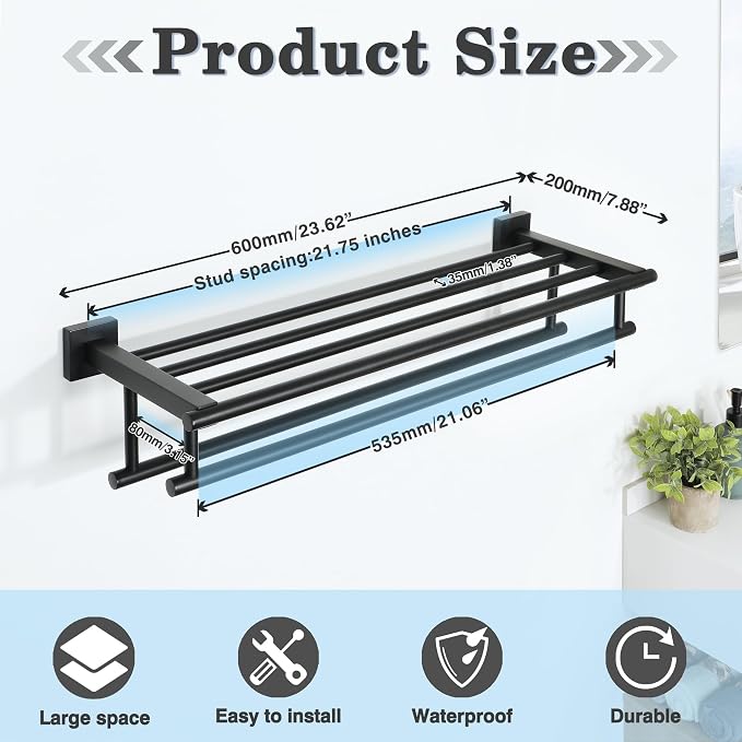 Alise Double Towel Rack for Bathroom Wall Mounted 24 Inch,Matte Black | Bathroom Tower Holder Towel Shelf with Double Towel Bars,SUS304 Stainless Steel Towel Rack with Shelf for Lavatory Kitchen