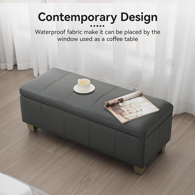 WUTUTUEE 41" Faux Leather Storage Ottoman, Stitch Tufted Rectangle Upholstered End of Bed Storage Bench, Entryway Large Couch Ottoman with Wooden Legs,Dark Grey
