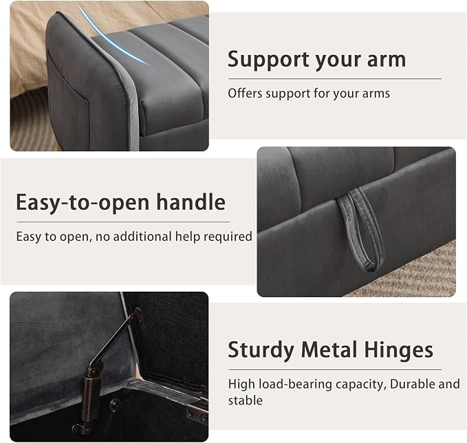 End of Bed Storage Bench, 51'' Velvet Storage Benches for Queen Size Bedroom Foot of Bed, Storage Ottoman Bench with Golden Legs and Pillow for Living Room Window Entryway, Dark Grey