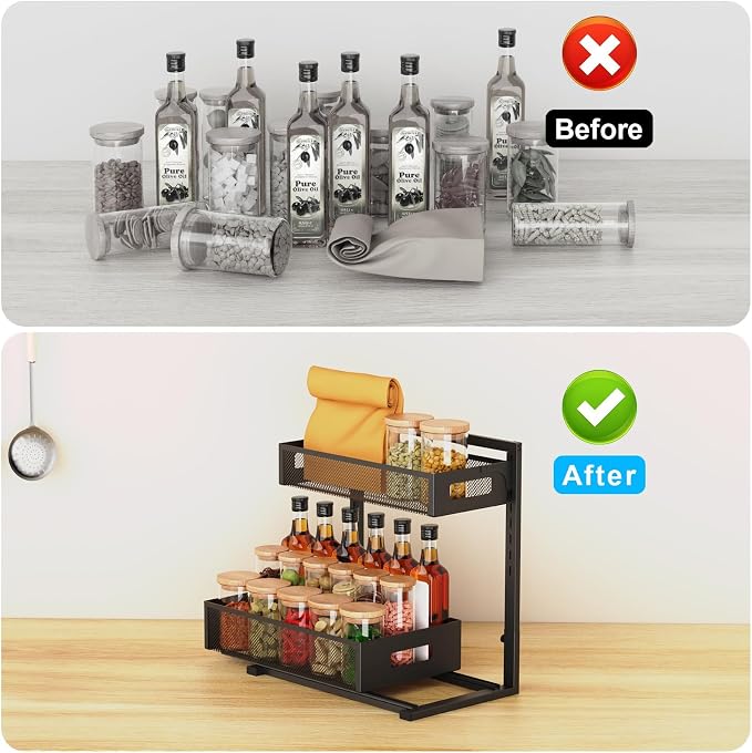 Petiza Under Sink Organizer Pull Out Cabinet Organizer Adjustable Height 2 Tier with Sliding Drawers Kitchen Bathroom Organizer and Storage(1pc)