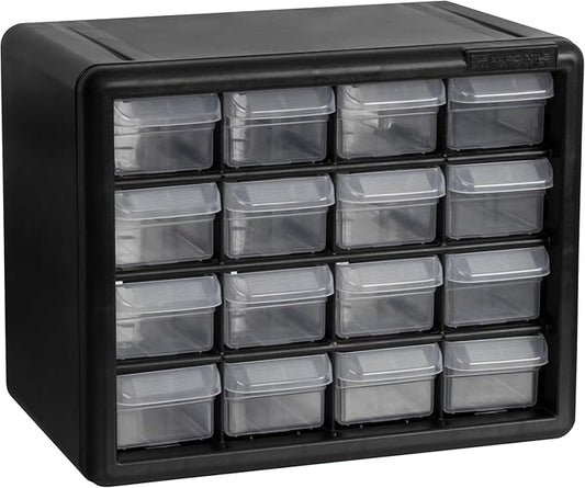 Akro-Mils 16-Drawer Plastic Storage Cabinet, 10.5"W x 6.5"D x 8.5"H, Black | Plastic Cabinet w/ Drawers for Garage Organization, Beads, Makeup Organizer, Building Bricks Storage, Teacher Toolbox, 10116
