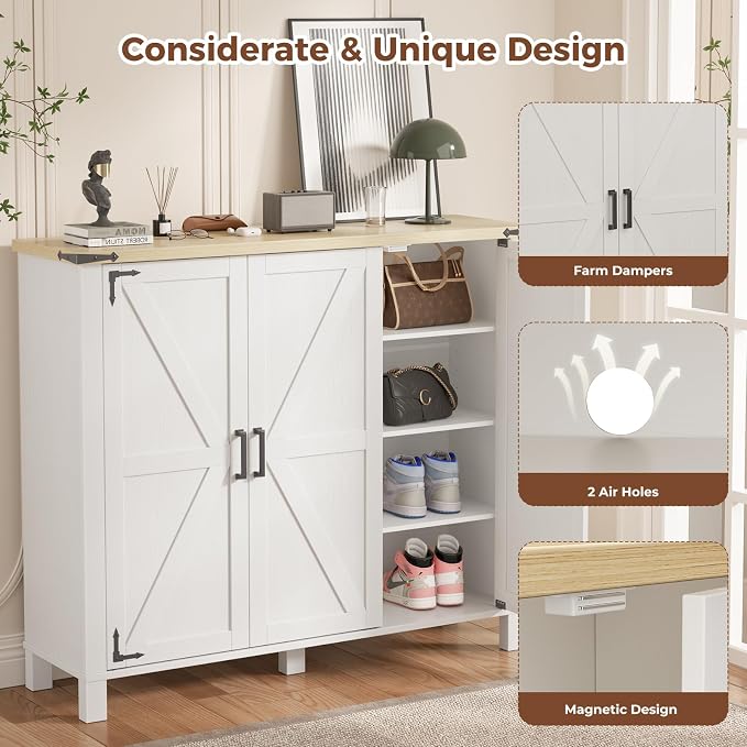 5-Tier Shoe Storage Cabinet, Farmhouse Shoe Rack Organizer Cabinet with 4 Adjustable Shelves & Side Cabinets, Freestanding Shoe Cabinet Storage with Anti-tip Fitting for Entryway, 47.3L×13.7W×40.7H