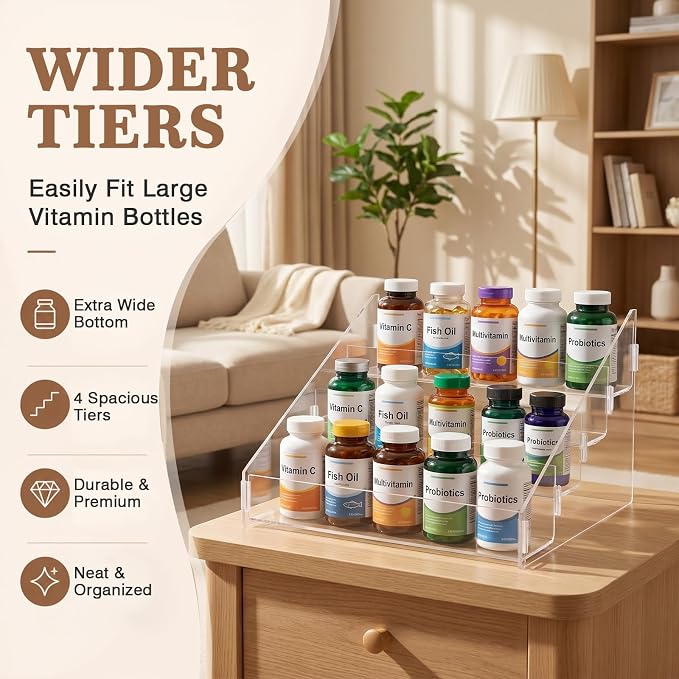 Novabright 4 Tier Acrylic Vitamin Organizer 14.2 x 11.6 x 7.9 Inches, Clear Pill Bottle Storage for Medicine Cabinet, Vitamin Storage Organizer for Kitchen Counter, Bathroom, Pantry