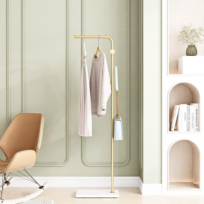Gold Coat Racks with 3 Hooks, L Shape Coat Hanger Entryway, Freestanding | Metal, Heavy Duty Marble Base, Modern Coat Tree