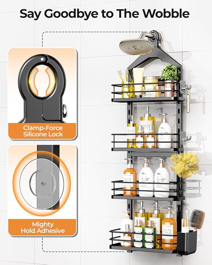 ODesign 4 Tier Adjustable Shower Organizer Hanging Over Showerhead Black | Shower organizer hanging,no drilling required,comes with removable hook and storage box, suitable for indoor showers