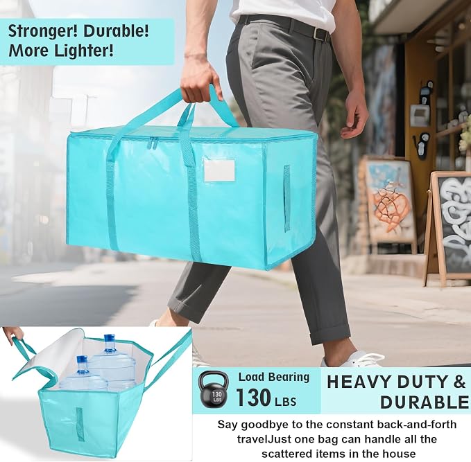 6 Pack-Extra Large Heavy Duty Moving Bags - Waterproof Storage Totes with Handles & Zippers, Foldable for College Dorm, Storage (lake blue)