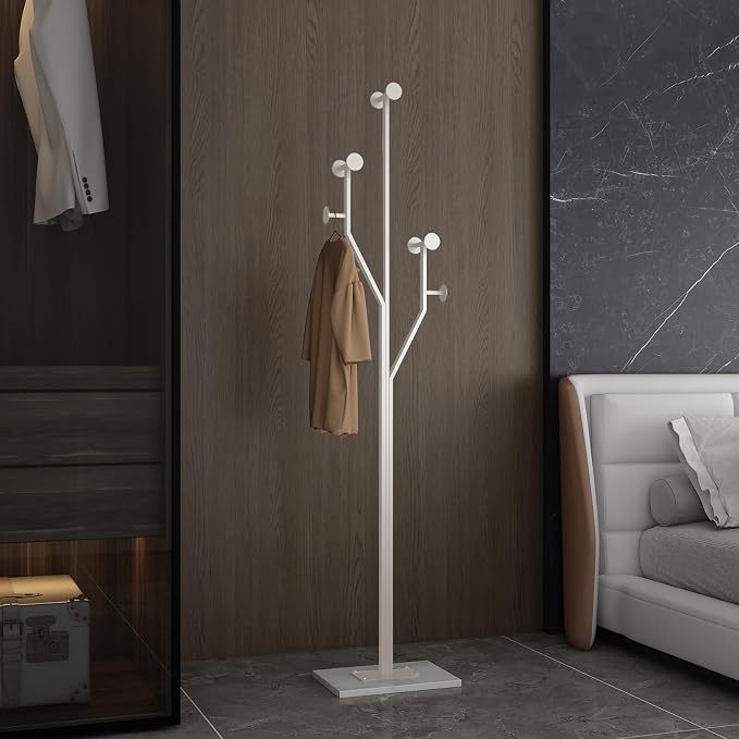 JIAYUEJU Freestanding Coat Rack Coat tree for Entryway Bedroom (White) | Tree-shaped, Easy Assembly, Space Saver, Heavy Duty, Metal Frame, Marble Base, 8 Hooks, Living Room, Office, Corner